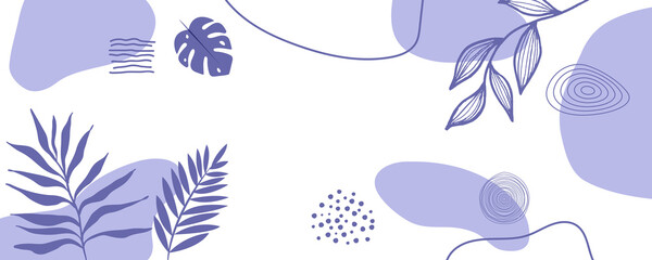 Fototapeta na wymiar Minimal long vector banner. Abstract organic floral summer background with palm leaves and copy space for text. Facebook cover template