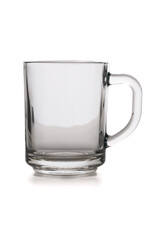 Closeup of an empty glass beaker with a handle isolated on a white background.