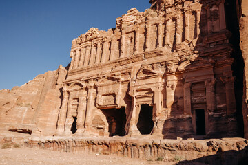 Facades in the rocks in the ancient city of Petra. Petra, Jordan