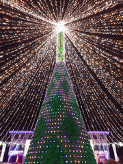 Night view of the Christmas tree with light garlands in the center of Mioveni. Artificial Christmas tree, environmental conservation concept
