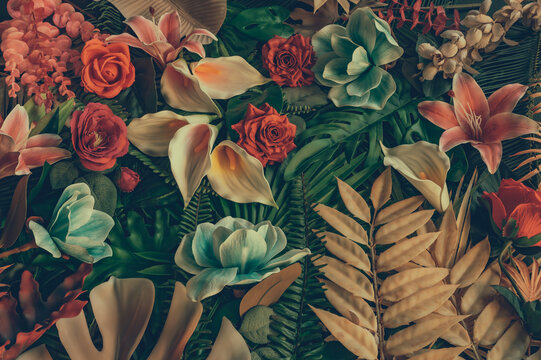 creative pattern made of flowers and leaves lay flat concept nature floral greeting card colorful spring flowers background space for text trendy nature decor design