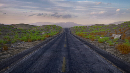 Fototapeta na wymiar Long stretch of empty road through desert leading to distant mountains. 3D rendering.