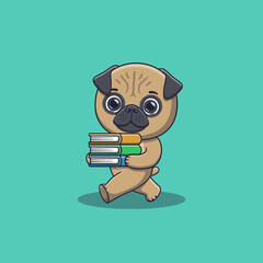 cute pug dog walking and bring some books