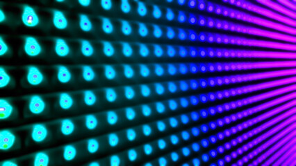 blurred view of abstract bulb lights in blue, cyan, purple color. close up of gradient led light in dots pattern for electronic, futuristic, digital concept.