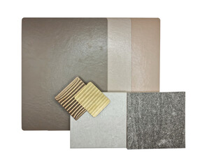group of interior material including gold and bronze brushed stainless, brown leather laminated, stone tile samples isolated on background with clipping path. interior construction material board.