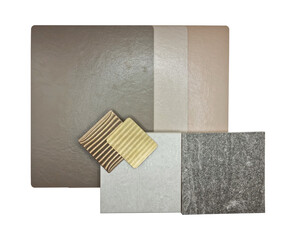group of interior material including gold and bronze brushed stainless, brown leather laminated,...
