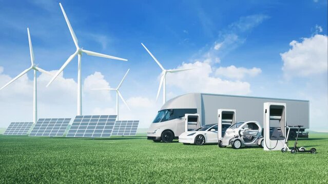 Electric cars on the background of wind turbines. Alternative energy for cars.