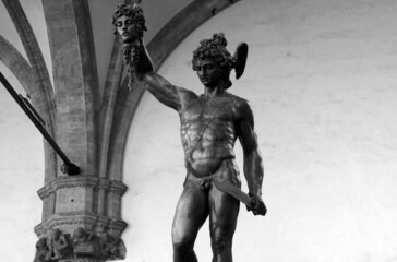 Renaissance sculptures in the Italian city of Florence. The Gorgon medusa. Legends and myths of ancient Greece.  The hero Perseus with the severed head of the Gorgon Medusa.