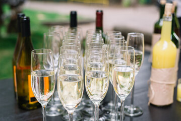 Champagne glasses displayed at the welcoming wedding reception
