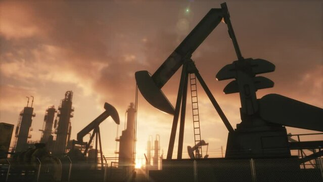 Silhouette of working oil pump jack at sunset. The oil pump, industrial equipment. 3d animation