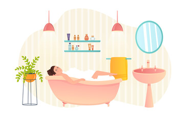Woman relaxing in bath at spa salon flat concept people scene. Happy client lies bubble bath and young girl enjoys body treatment, washing at bathroom. Vector illustration for web banner design