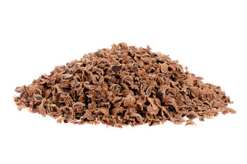 Pile of crushed chocolate chips isolated on white background, close-up. Heap of dark chocolate shavings isolated on white background, close-up. Chocolate chips on a white background, close-up.