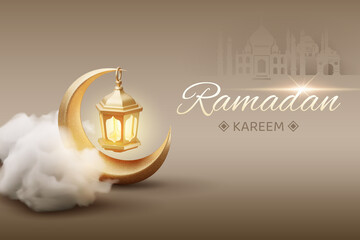 Golden ramadan kareem lantern hang on crescent moon