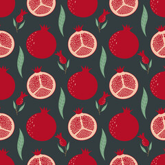 Seamless pattern with pomegranate, flowers and leaves. Fruit pattern.
