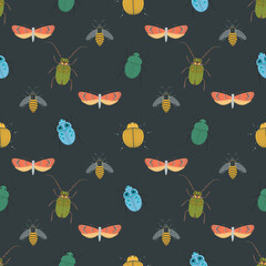 Seamless pattern with insects, beetles, bees and moths.