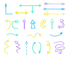 Set of colored infographic elements on isolated background. Hand drawn pointers on white. Colorful arrows. Line art. Set of different signs