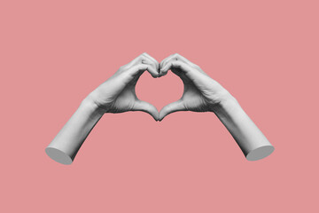 Human female hands showing a heart shape isolated on a pink color background. Feelings and emotions. Trendy collage in magazine urban style. Contemporary art. Modern design