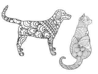 Dog and cat on white. Zentangle. Hand drawn animals with abstract patterns on isolation background. Design for spiritual relaxation for adults. Black and white illustration for coloring. Zen art