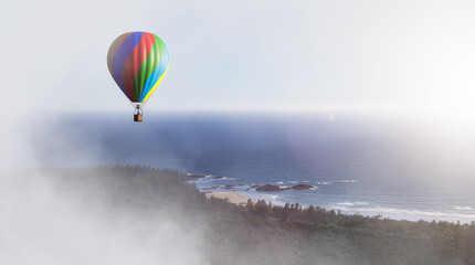 Hot air balloon Flying over the West Coast Pacific Ocean at sunset. Adventure Composite. 3D Rendering Aircraft. Background Image from Tofino, Vancouver Island, British Columbia, Canada.