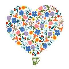 Cute flower heart with cartoon flowers. Spring tea party. Vector illustration.