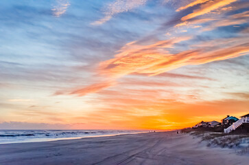 Dusk Beach Scene at Emerald Isle North Carolina Crystal Coast Bogue Banks Waves and Clouds Orange Blue