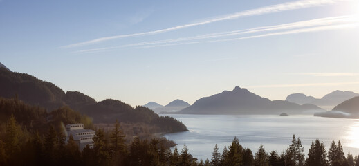 Panoramic View of Britannia Beach during winter evening before sunset. Located in Howe Sound between Squamish and Vancouver, British Columbia, Canada.