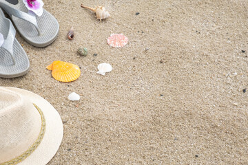 Fototapeta na wymiar Summer background with beach hat, flip-flops and seashells on a sand. Space for text