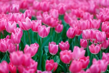 Fototapeta premium Close up view of adorable pink tulips blooming vibrantly in the flower field on a bright sunny day in Keukenhof Garden, in Lisse, Netherlands, Europe (shallow focus and blurred background effect)