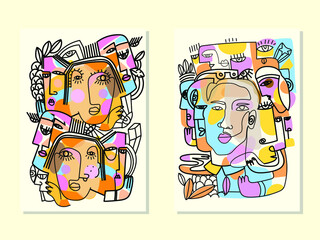 Abstract face  portrait vector illustration. hand drawing,line,colorful.