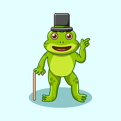 Cute green frog with top hat cartoon character isolated