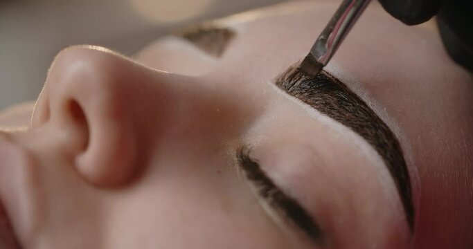 A beautician does henna eyebrow tinting for the young woman, cosmetological procedures and beautycare, 4k Prores 60p