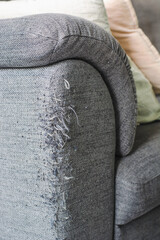 A ragged corner of the sofa that had been ruined by cat claws. Cat scratched the couch.
