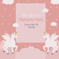 Birthday party invitation with twin unicorn on peach background