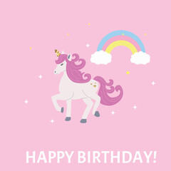 Birthday card unicorn on a rainbow background