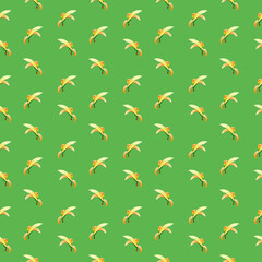Seamless pattern. Peeled banana fruits on a green background background. It is well suited for wrapping paper, children's invitations, textiles and backgrounds.