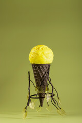 Delicious lemon ice cream in a dark waffle cone on a light background. Homemade natural product....