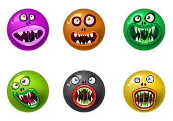 Set od Monster face cartoon round icons head Halloween characters. Illustration, sticker, emblem funny cute mask, vector