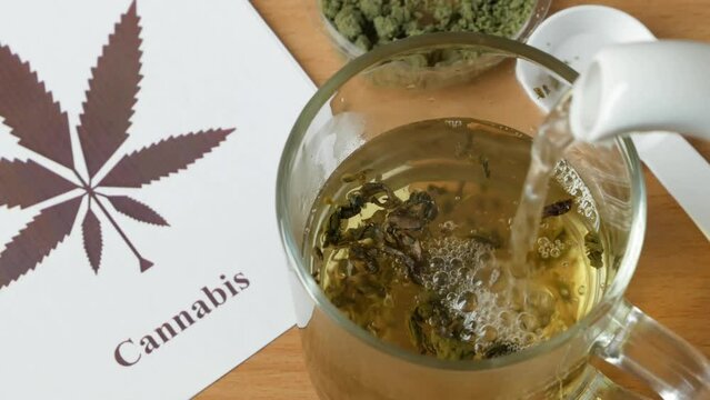 Tea with marijuana, cannabis with herbal decoction to treat pain and increase appetite. Hemp herbal tea, concept of marijuana use for medicinal purposes