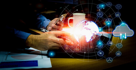 Business people are holding on to the virtual reality digital world, big data analytics concept and business intelligence. concept of world map point and line elements of global business Digital Link 