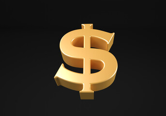 Golden dollar sign. US dollar currency symbol isolated on gray background.