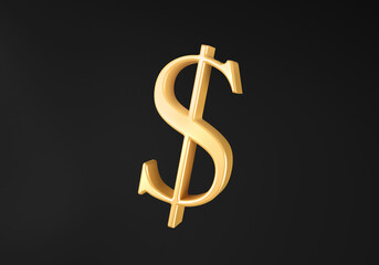 Golden dollar sign. US dollar currency symbol isolated on gray background.