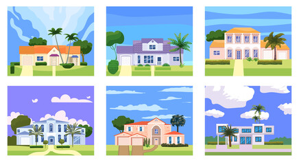Set Residential Home Buildings in landscape tropic trees, palms. House exterior facades front view architecture family cottages houses or mansions apartments, villa. Suburban property