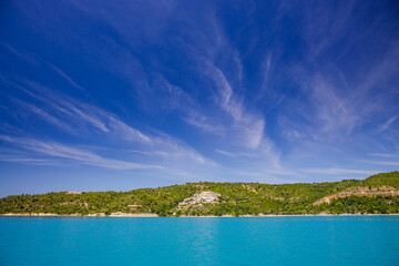 Blue water of the Lake of Sainte-Croix in the Verdon Gorge in a summer day in France