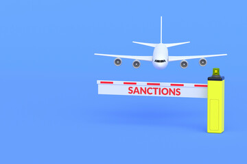 Plane and barrier with inscription sanctions. Ban air travel. Limitations of passenger traffic. Failure to provide airlines. Flight cancellation. Closing airspace. Copy space. 3d render - obrazy, fototapety, plakaty