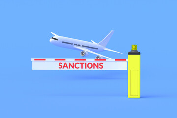 Plane and barrier with inscription sanctions. Ban air travel. Limitations of passenger traffic. Failure to provide airlines. Flight cancellation. Closing airspace. 3d render