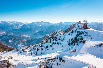 Hochkar skiing resort in Lower Austria during winter. View to the radio station on a beautiful...