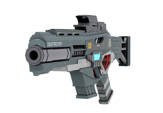 Isolated Weapon illustration on white background. Dark blue and black Assault rifle 3d for games, posters. Rendered blaster with grunge texture. Automatic assaul object. Robotical shotgun.