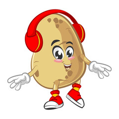 vector illustration of cute potato mascot listening to headset