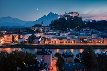 Naklejka premium Old town of Salzburg at twilight, Austria