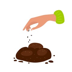 Human Hand Planting Seeds, Gardening, Farming, Growing plants. Floristry and gardening. Agricultural plant. Person Scattering Seeds. Hand Dropping Seed into Ground. Gardening sign design.